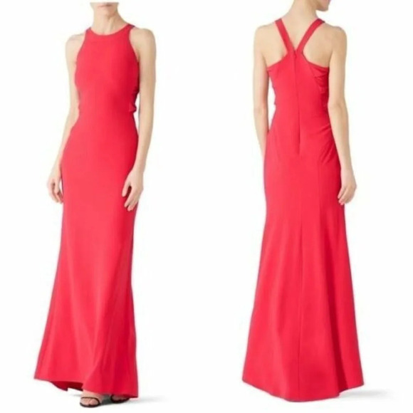 Halston Twist Mesh Insert Gown in Fuchsia 4 Womens Long Maxi Dress - Picture 1 of 13